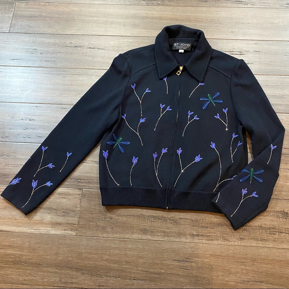 St. John Collection Black Floral Embroidered Cardigan
